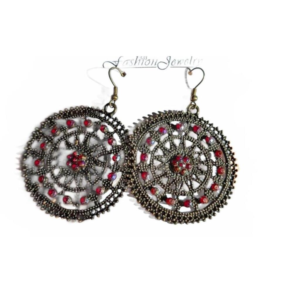 Gorgeous statement‎ earrings Round Filigree Metal Earrings with Red Accents